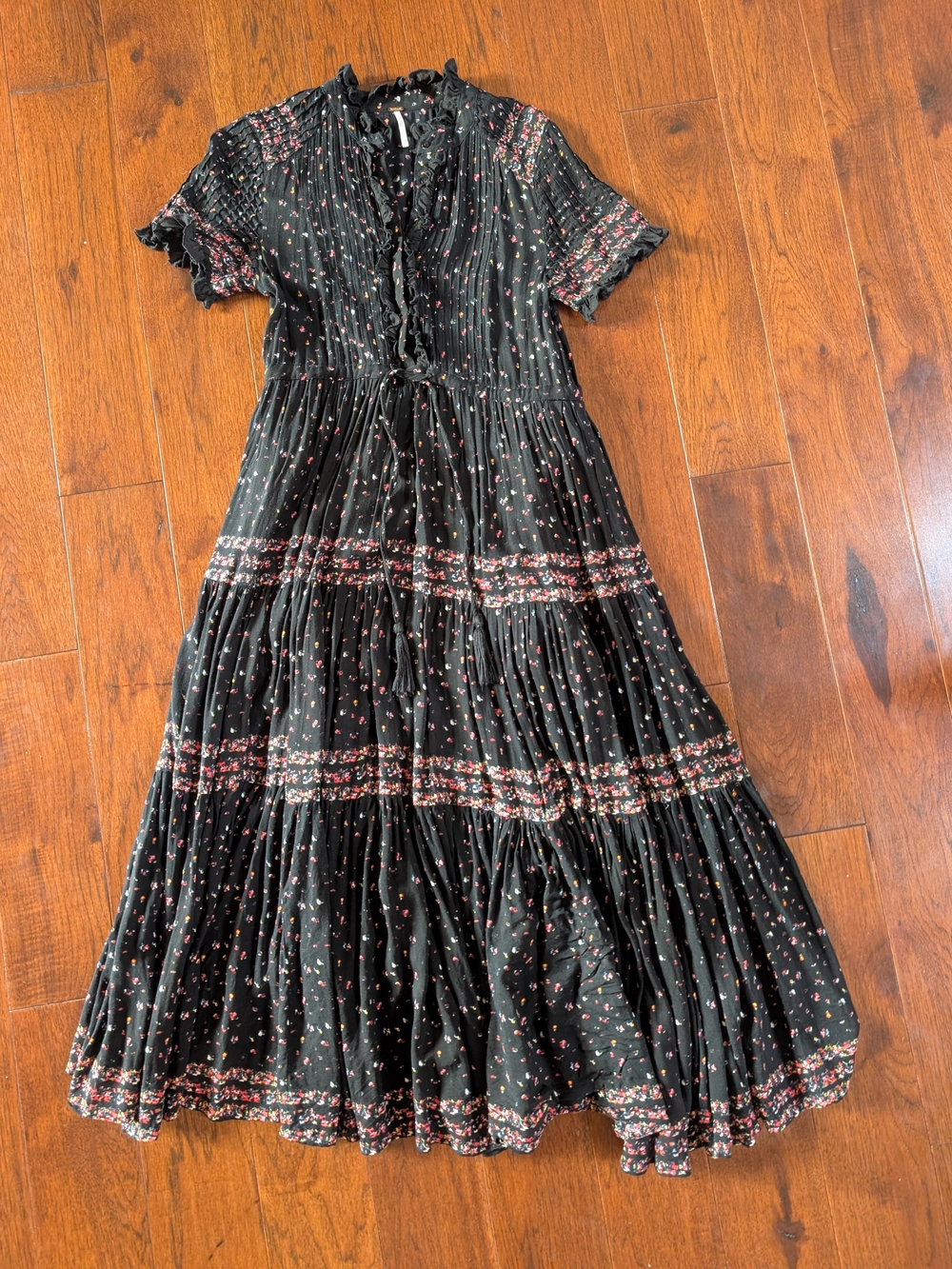 Black Floral Midi Dress with Ruffle Detail